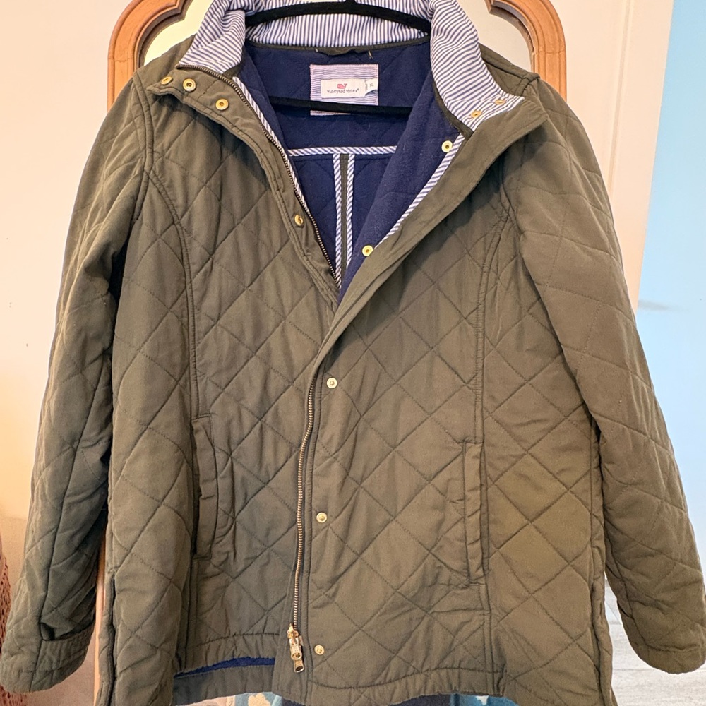 Vineyard Vines Olive Quilted Jacket, fleece lining